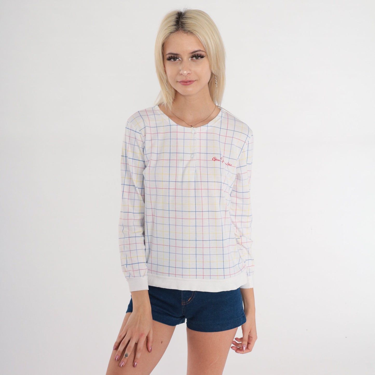 80s San Francisco Checkered Snap Shirt White Long Sleeve Small