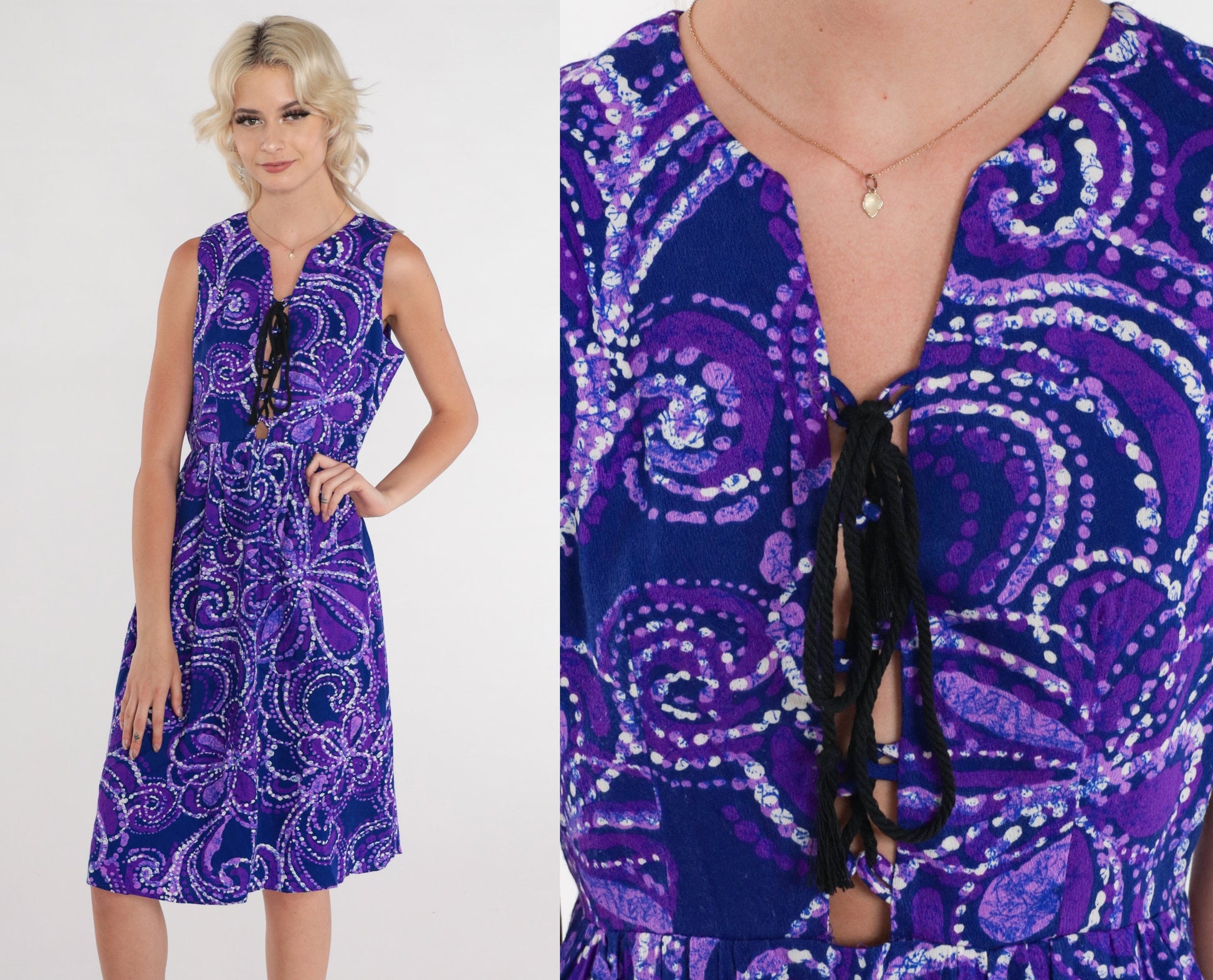 70s Purple Floral Midi Dress Lace-Up Corset Sleeveless High Waist Medium