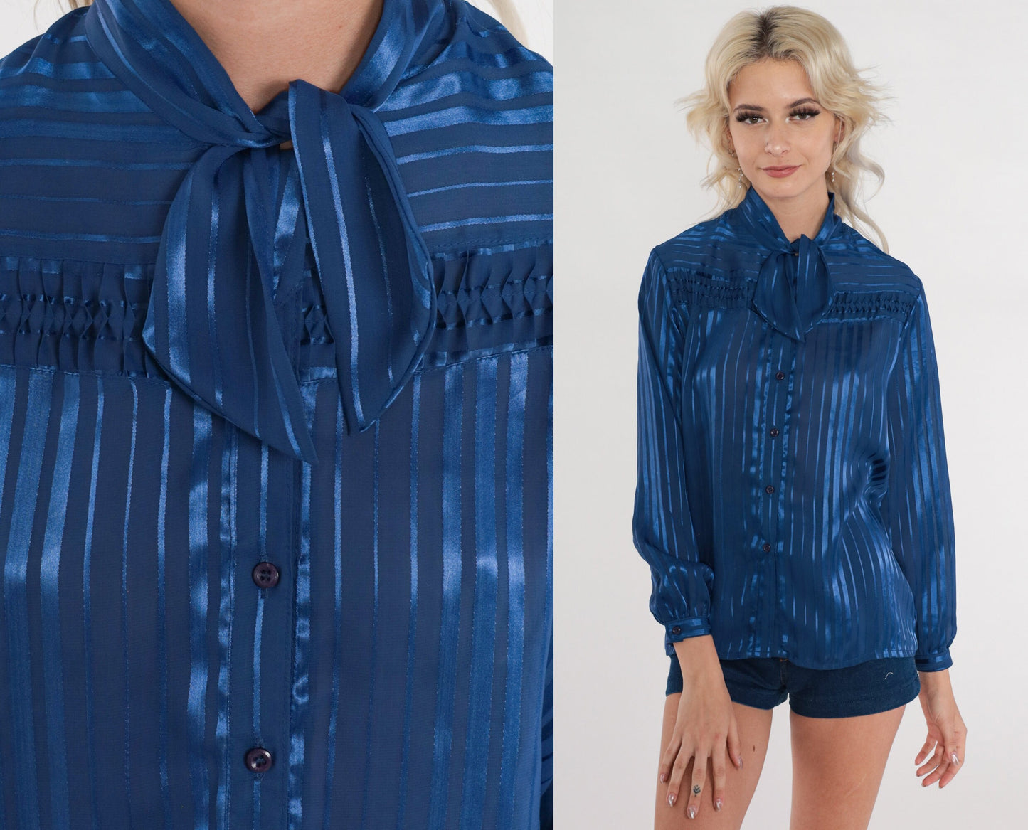 80s Blue Striped Necktie Blouse Semi-Sheer Button-Up Long Sleeve Small