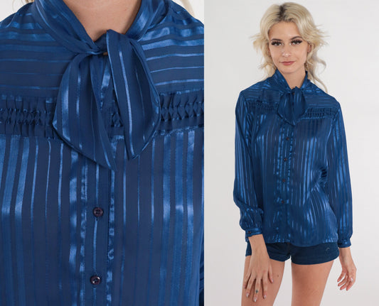 80s Blue Striped Necktie Blouse Semi-Sheer Button-Up Long Sleeve Small