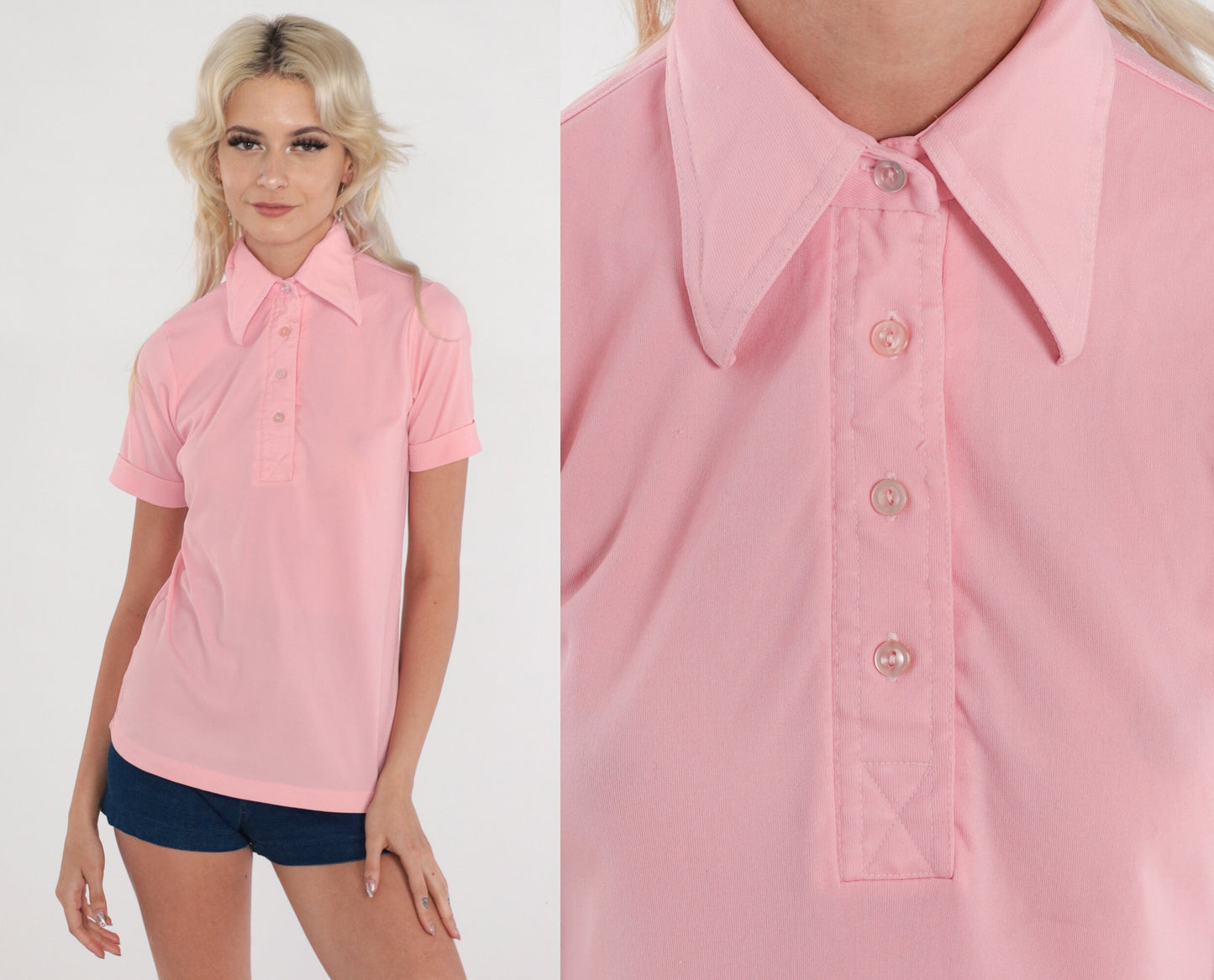 70s Baby Pink Polo Shirt Dagger Collar Short Sleeve Small