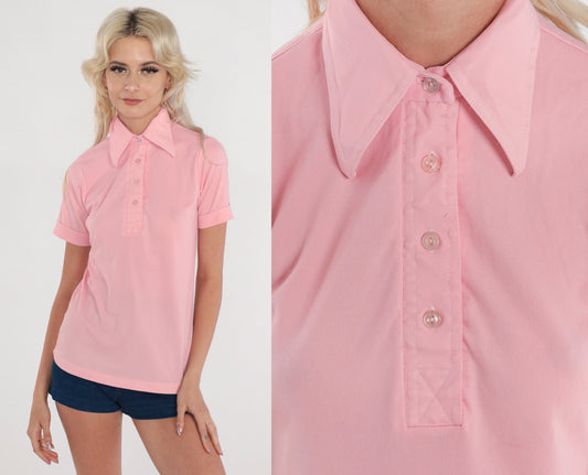 70s Baby Pink Polo Shirt Dagger Collar Short Sleeve Small