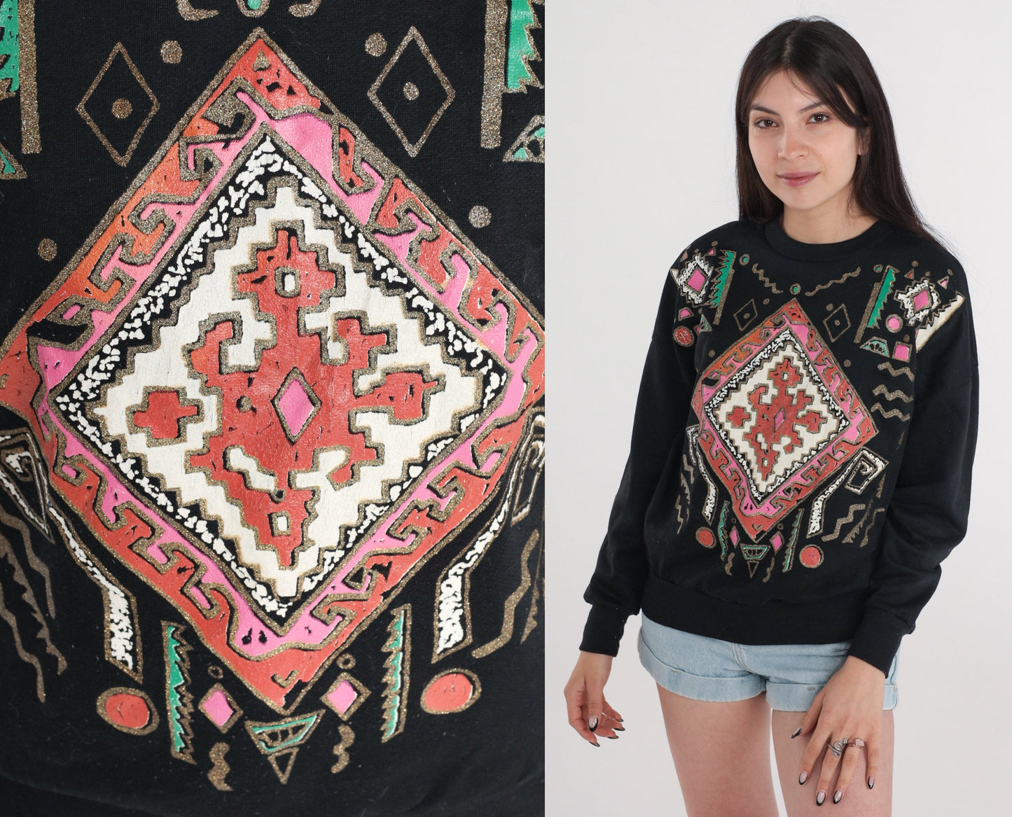 90s Southwestern Geometric Glitter Sweatshirt Black Gold Crewneck Small Medium