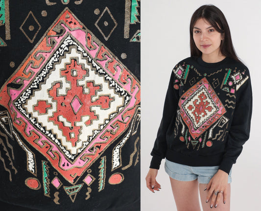 90s Southwestern Geometric Glitter Sweatshirt Black Gold Crewneck Small Medium