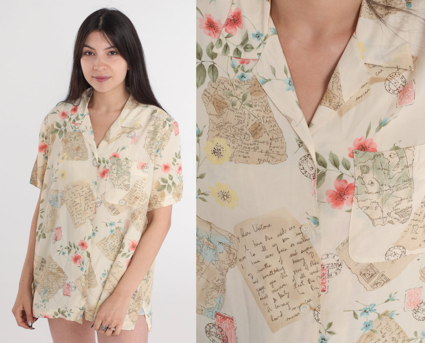 90s Liz Claiborne Travel Print Button-Up Blouse Cream Floral Postcard Shirt Large