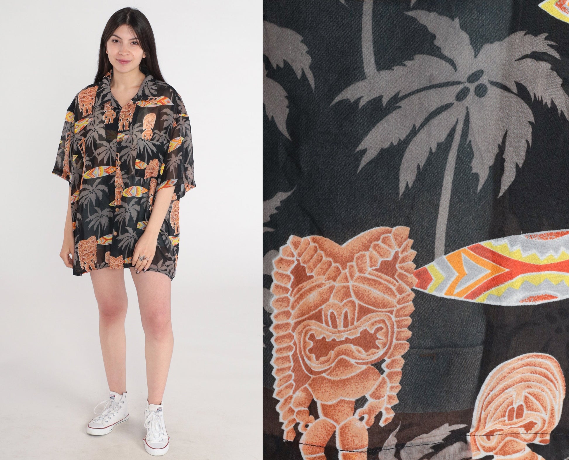 Y2K Hawaiian Tiki Surfboard Button-Up Shirt Black Extra Large XXL