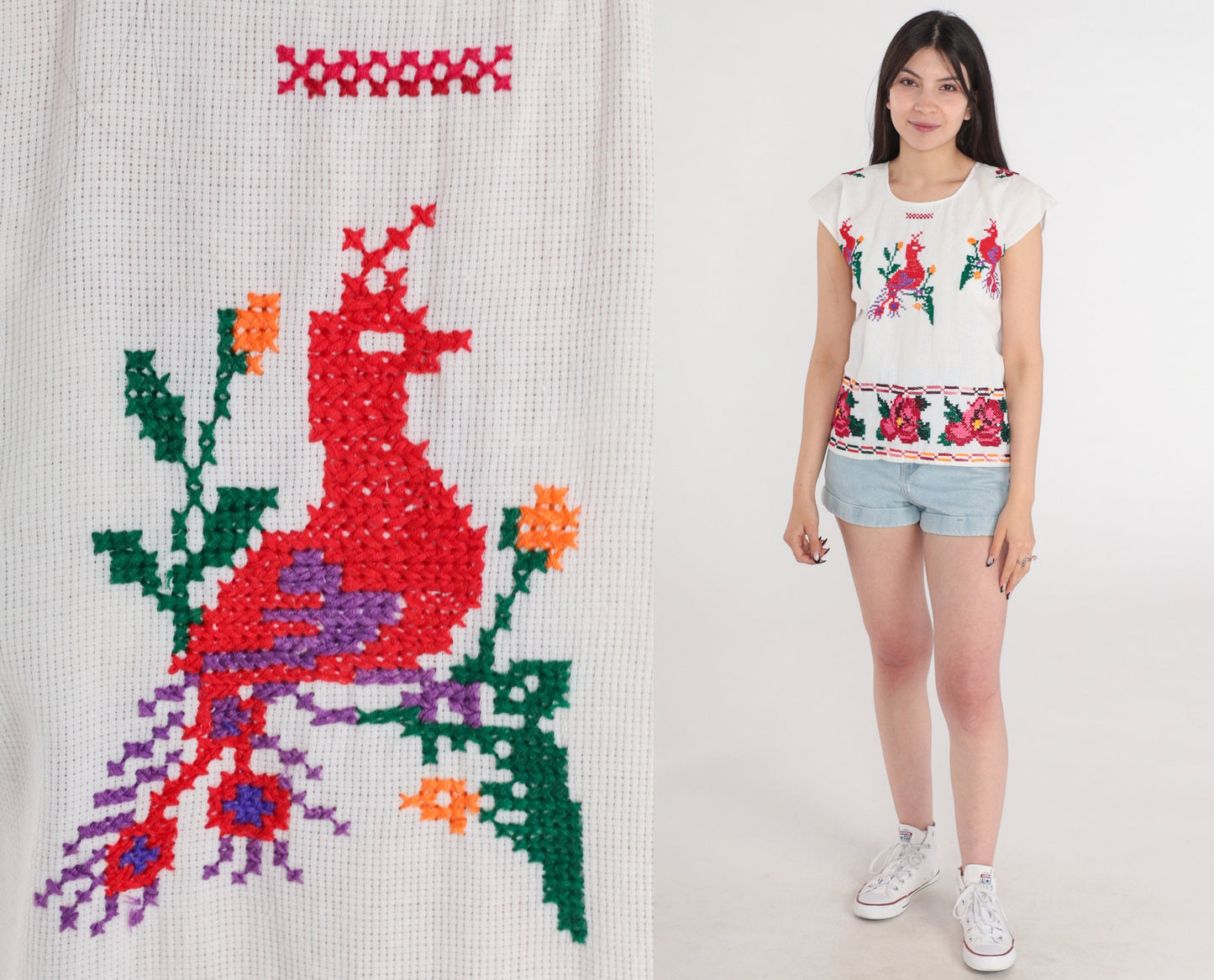1990s Mexican Embroidered Peacock Blouse White Cotton Tunic Extra Small