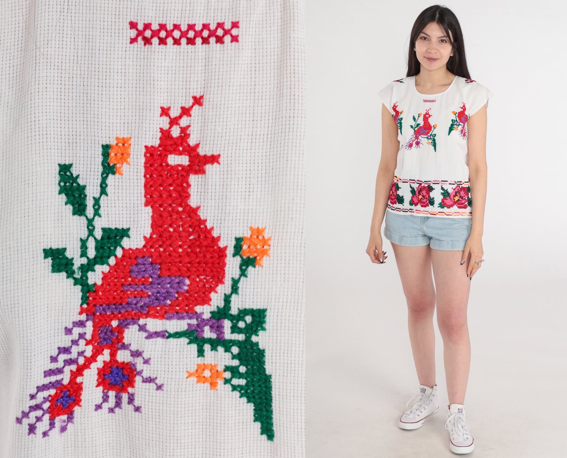 1990s Mexican Embroidered Peacock Blouse White Cotton Tunic Extra Small