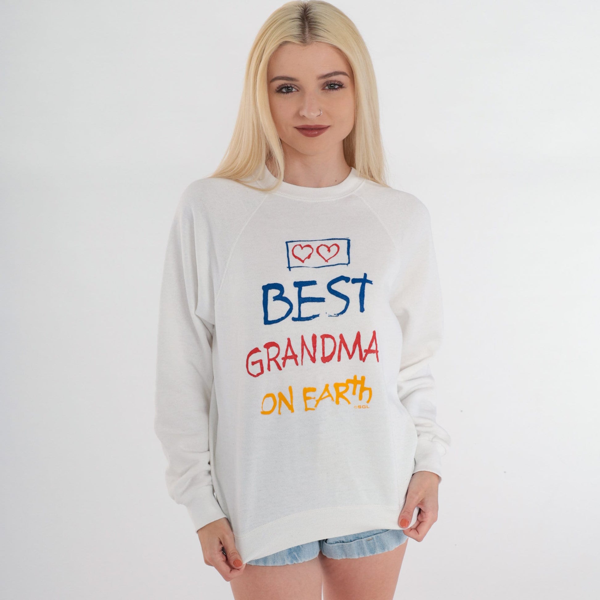 90s Best Grandma On Earth Graphic Sweatshirt White Raglan Small
