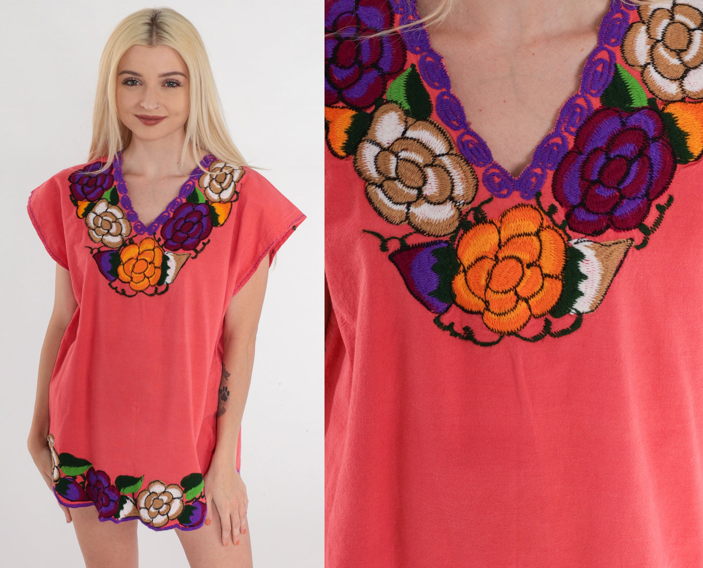 90s Mexican Floral Embroidered Blouse Coral Pink Cap Sleeve Cotton Medium M
