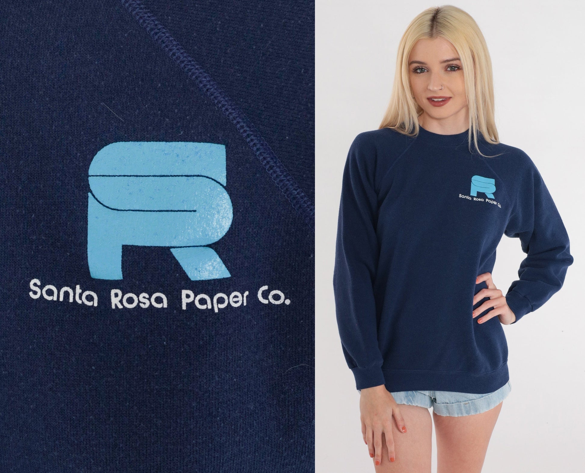 90s Santa Rosa Paper Co Logo Sweatshirt Navy Raglan Crewneck Medium M