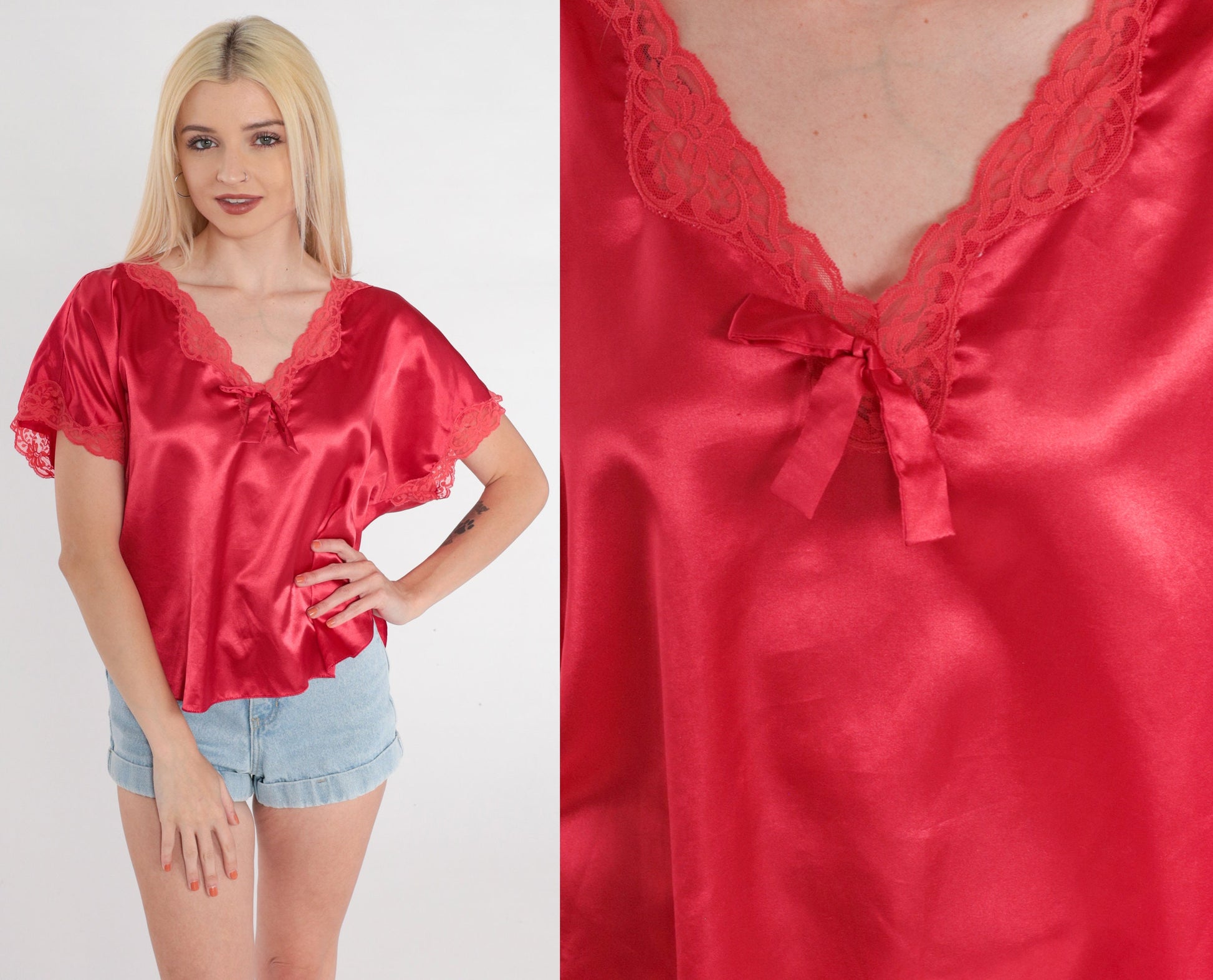 90s Victoria's Secret Red Lace Pajama Top V-Neck Short Sleeve Medium M