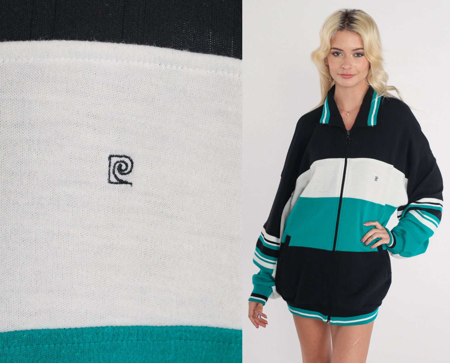 80s Pierre Cardin Track Jacket Striped Zip Up Black White Green Extra Large XXL