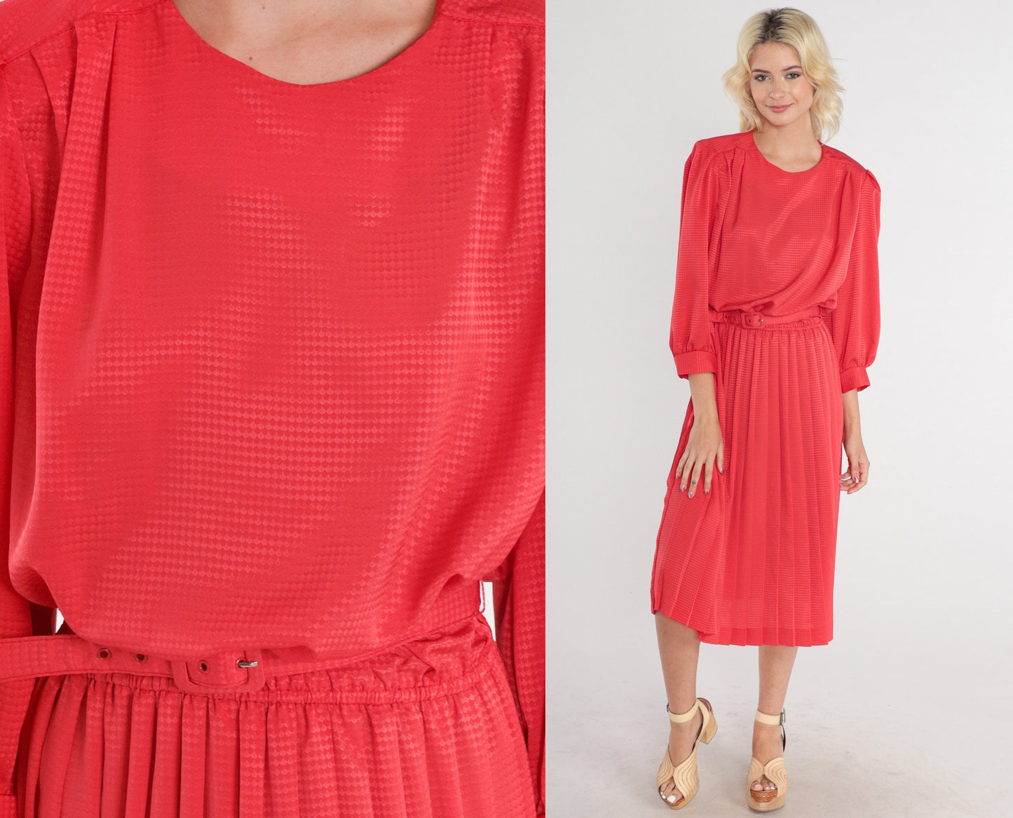 80s Red Diamond Print Midi Dress Puff Sleeve High Waisted Belted Small Medium