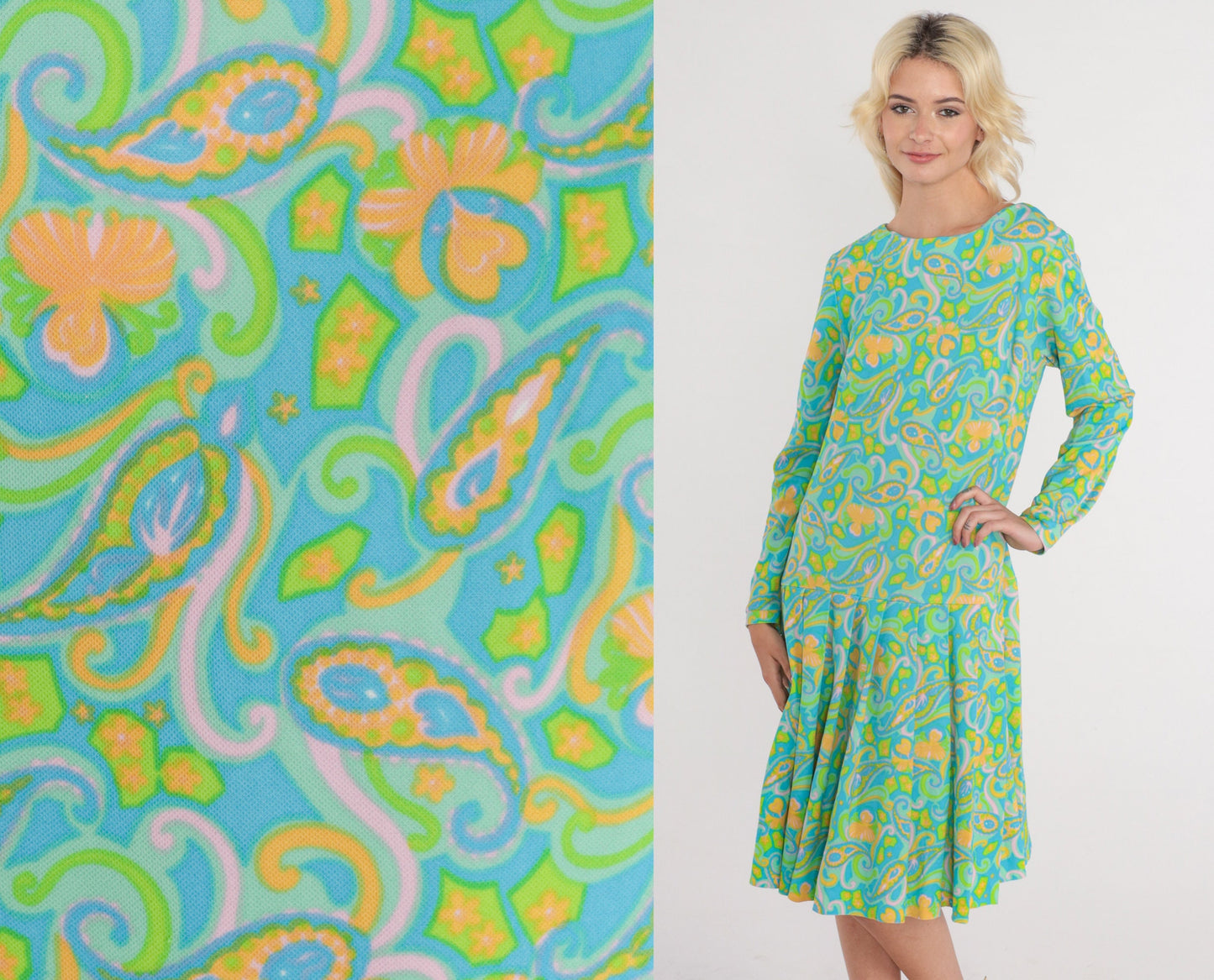 70s Green Paisley Midi Dress Long Sleeve Drop Waist Pleated Large L