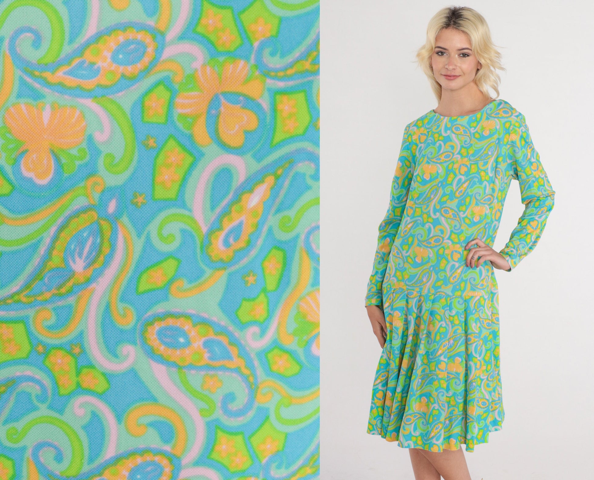 70s Green Paisley Midi Dress Long Sleeve Drop Waist Pleated Large L