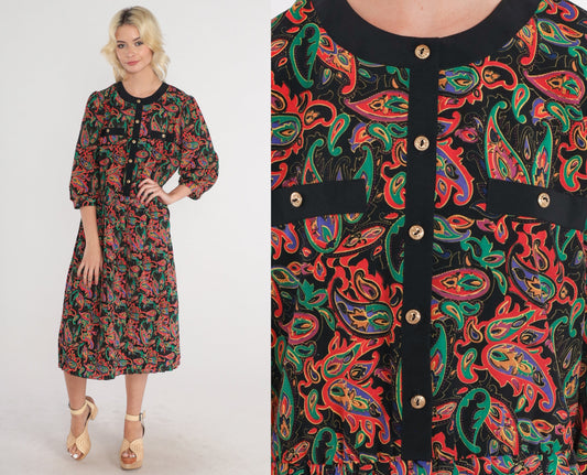 80s Black Paisley Midi Dress Puff Sleeve Button-Up Shirtwaist Medium M