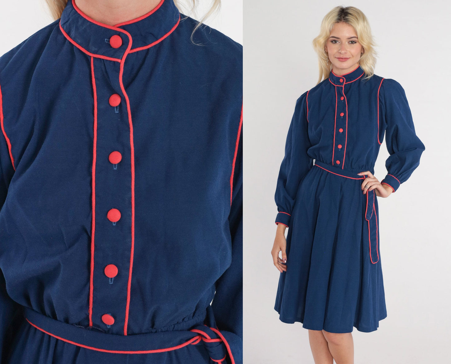 80s Navy Blue Shirtwaist Dress Puff Sleeve Mock Neck Belted Knee Length Extra Small