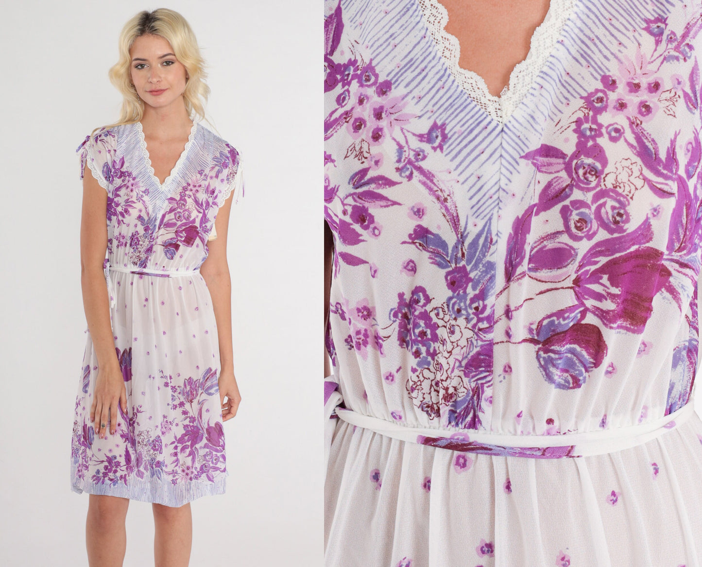 80s White Purple Tulip Floral Mini Dress Lace Trim V Neck High Waisted Extra Small