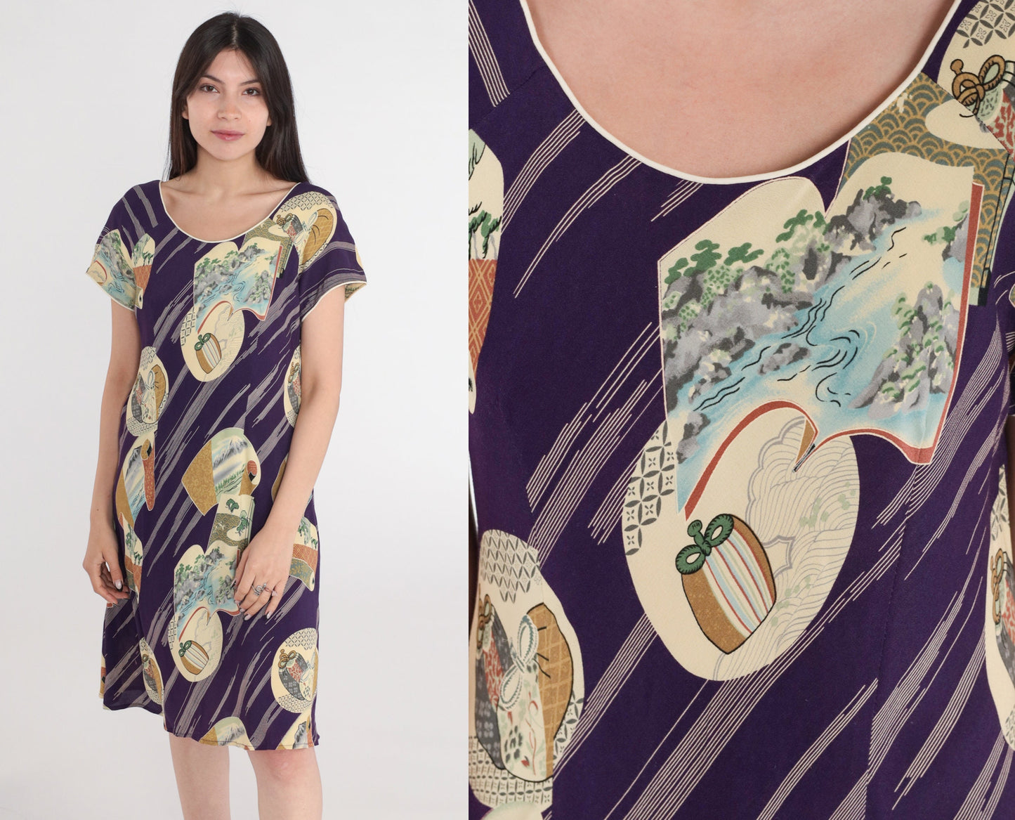 90s Japanese Landscape Purple Shift Dress Mini Short Sleeve Small S