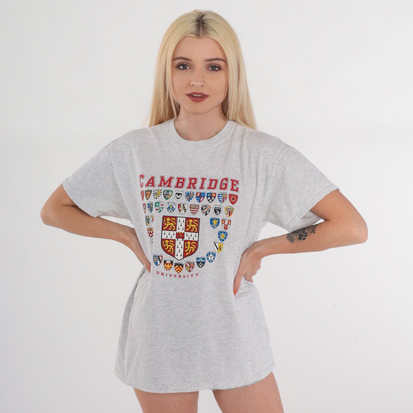 Y2K Cambridge University Graphic T-Shirt Heather Grey Crest Tee Medium