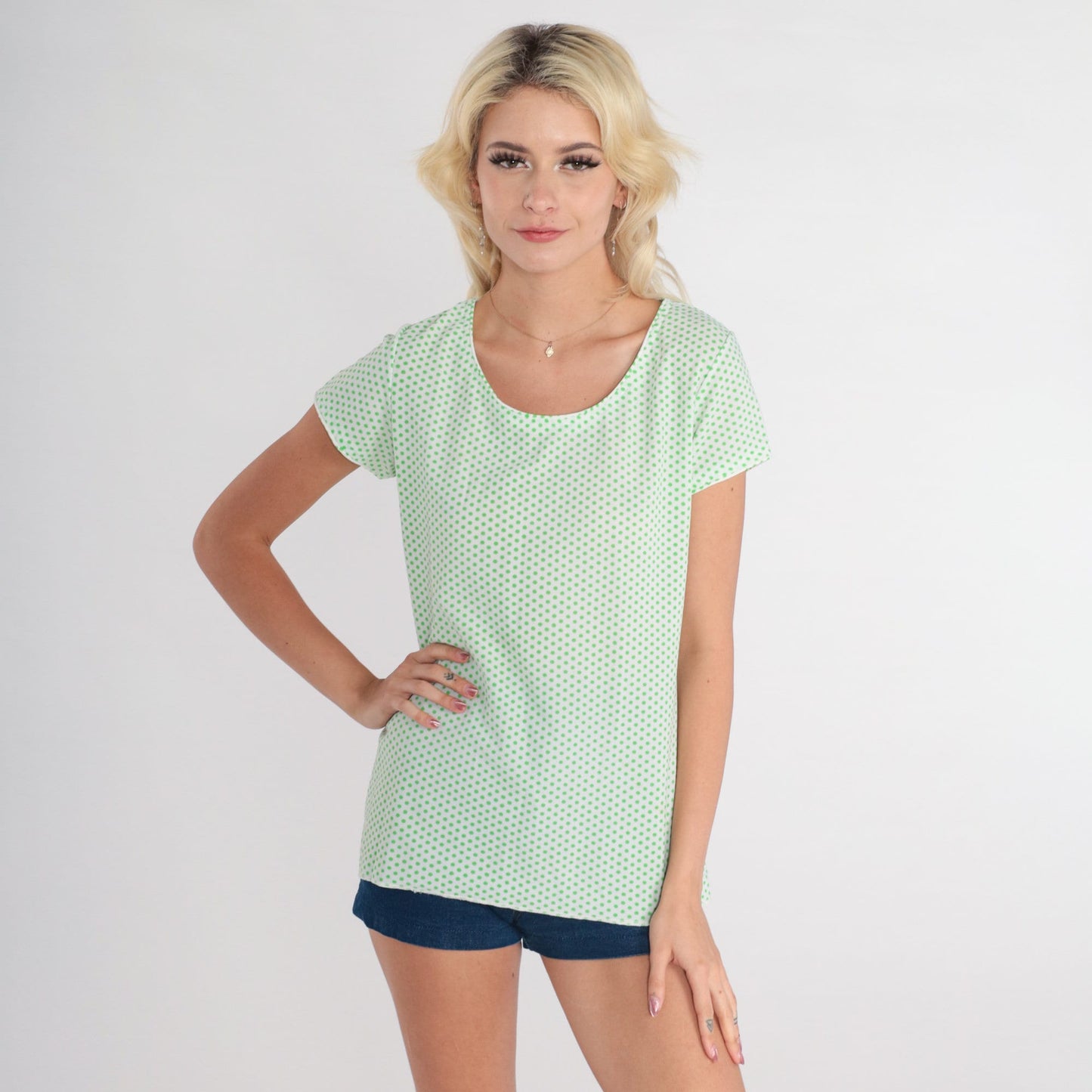70s Polka Dot Blouse White Green Scoop Neck Short Sleeve Small