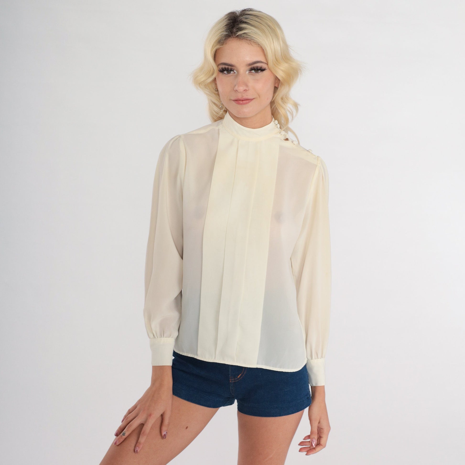 80s Cream Pleated Blouse High Neck Long Sleeve Button Shoulder Extra Small