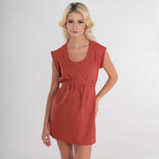 70s Rust Sleeveless Tunic Top Empire Waist Tie Belt Scoop Neck Small Medium
