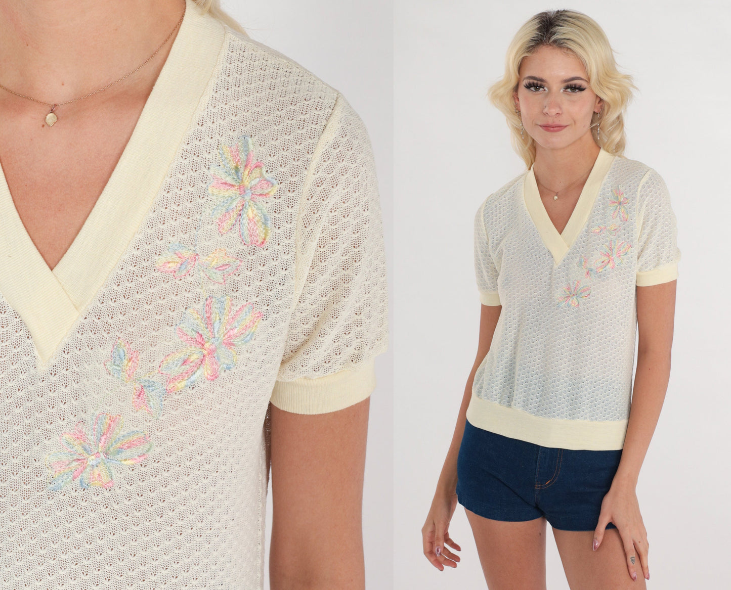 80s Floral Embroidered Knit Top Yellow V-Neck Short Sleeve Extra Small