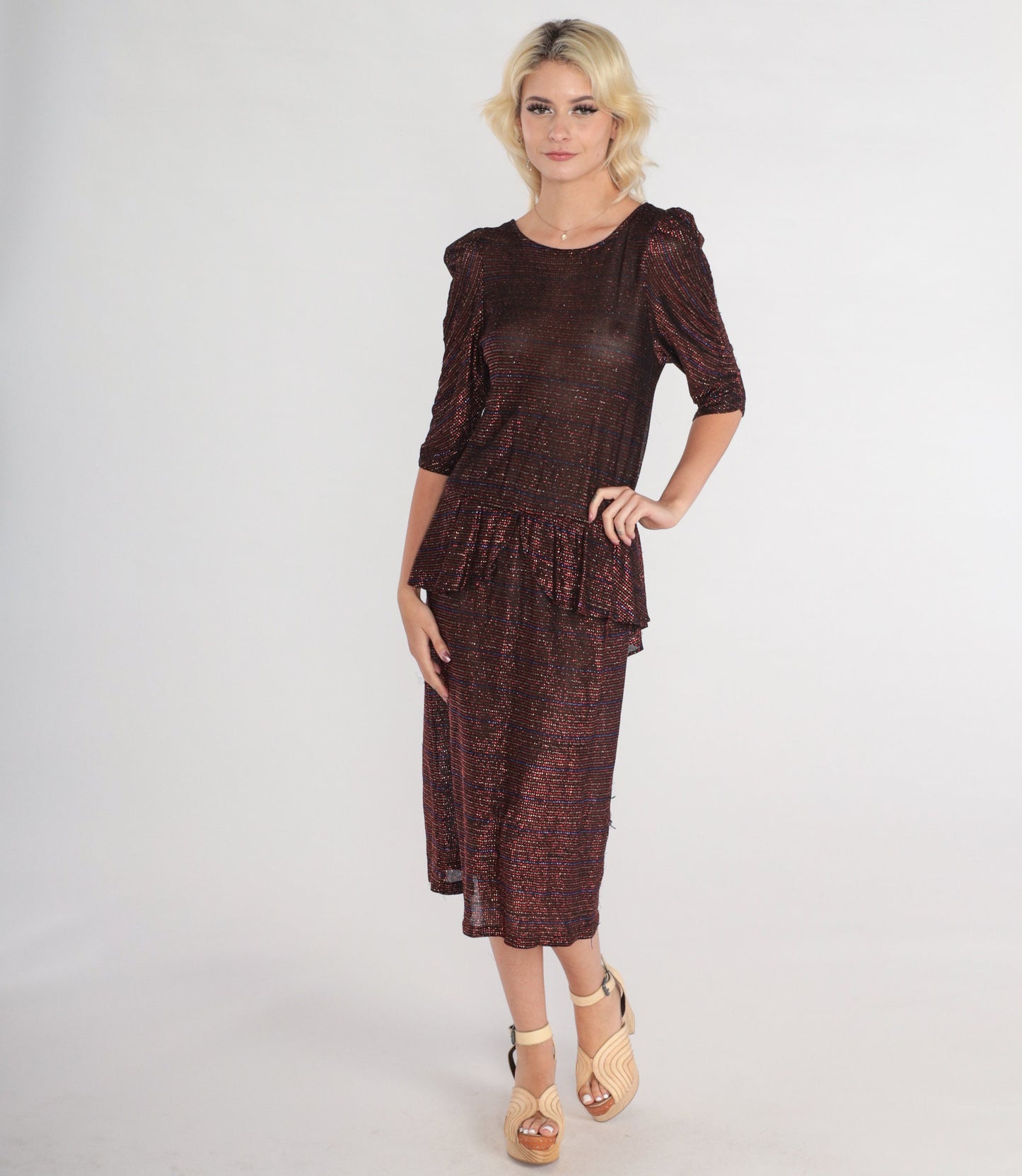 70s Metallic Peplum Midi Dress Puff Sleeve Sparkly Party Cocktail Small S