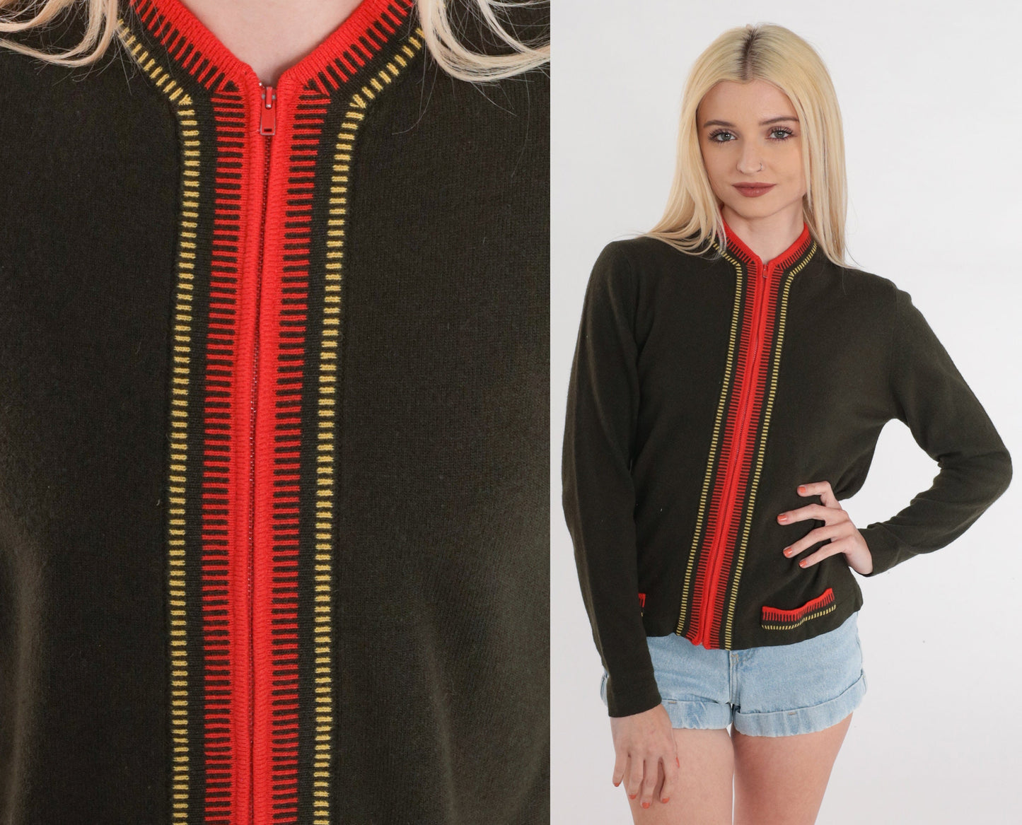 80s Olive Green Wool Cardigan Red Trim Zip Up Sweater Small S