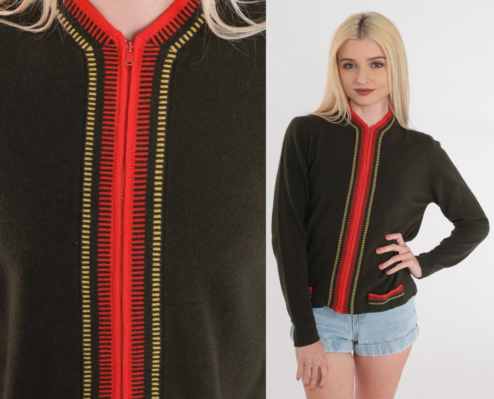 80s Olive Green Wool Cardigan Red Trim Zip Up Sweater Small S
