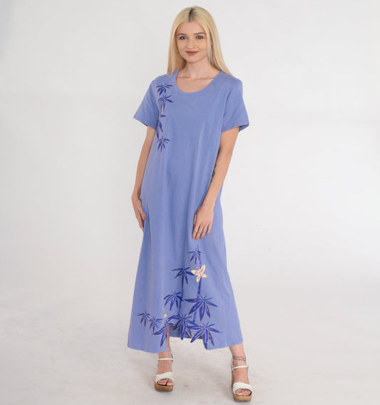 90s Purple Butterfly Bamboo Leaf Midi Dress Glitter Print Short Sleeve Large L