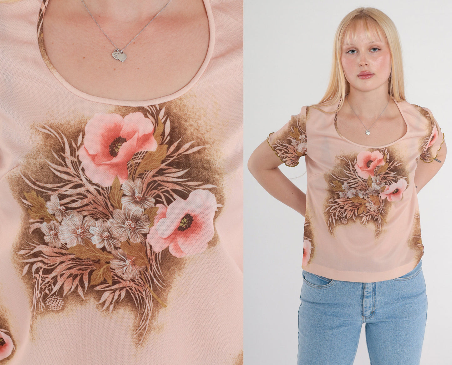 70s Pink Floral Graphic Tee Scoop Neck Lettuce Edge Short Sleeve Small
