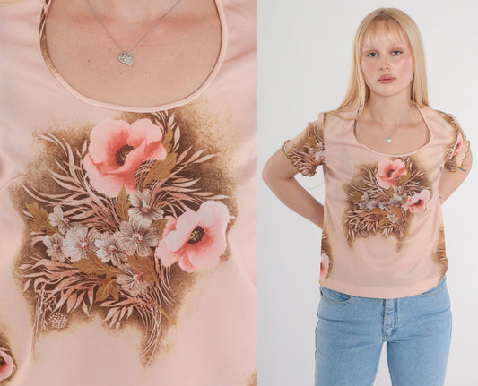 70s Pink Floral Graphic Tee Scoop Neck Lettuce Edge Short Sleeve Small