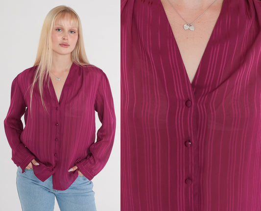 80s Purple Striped Semi-Sheer Blouse V-Neck Button-Up Long Sleeve Medium