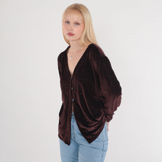 Y2K Wine Velvet Burnout Blouse Leopard Print Button-Up Long Sleeve V-Neck Extra Small