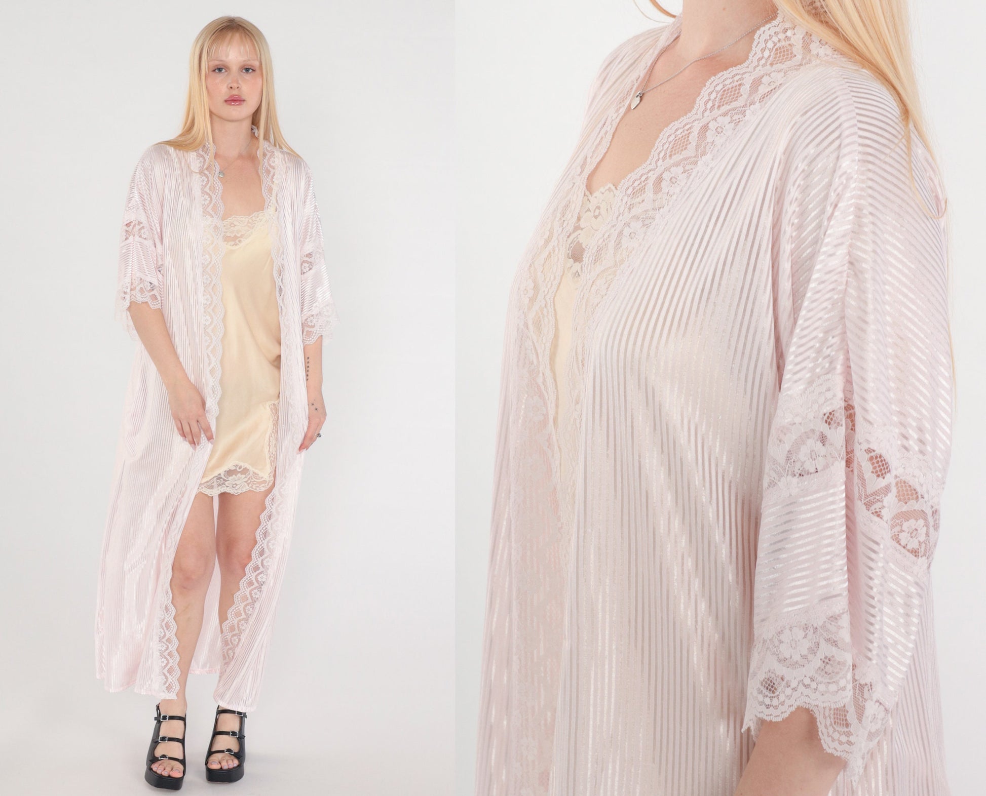 80s Fredricks of Hollywood Pink Lace Maxi Robe Semi-Sheer Open Front Medium