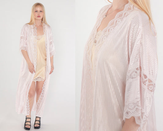 80s Fredricks of Hollywood Pink Lace Maxi Robe Semi-Sheer Open Front Medium