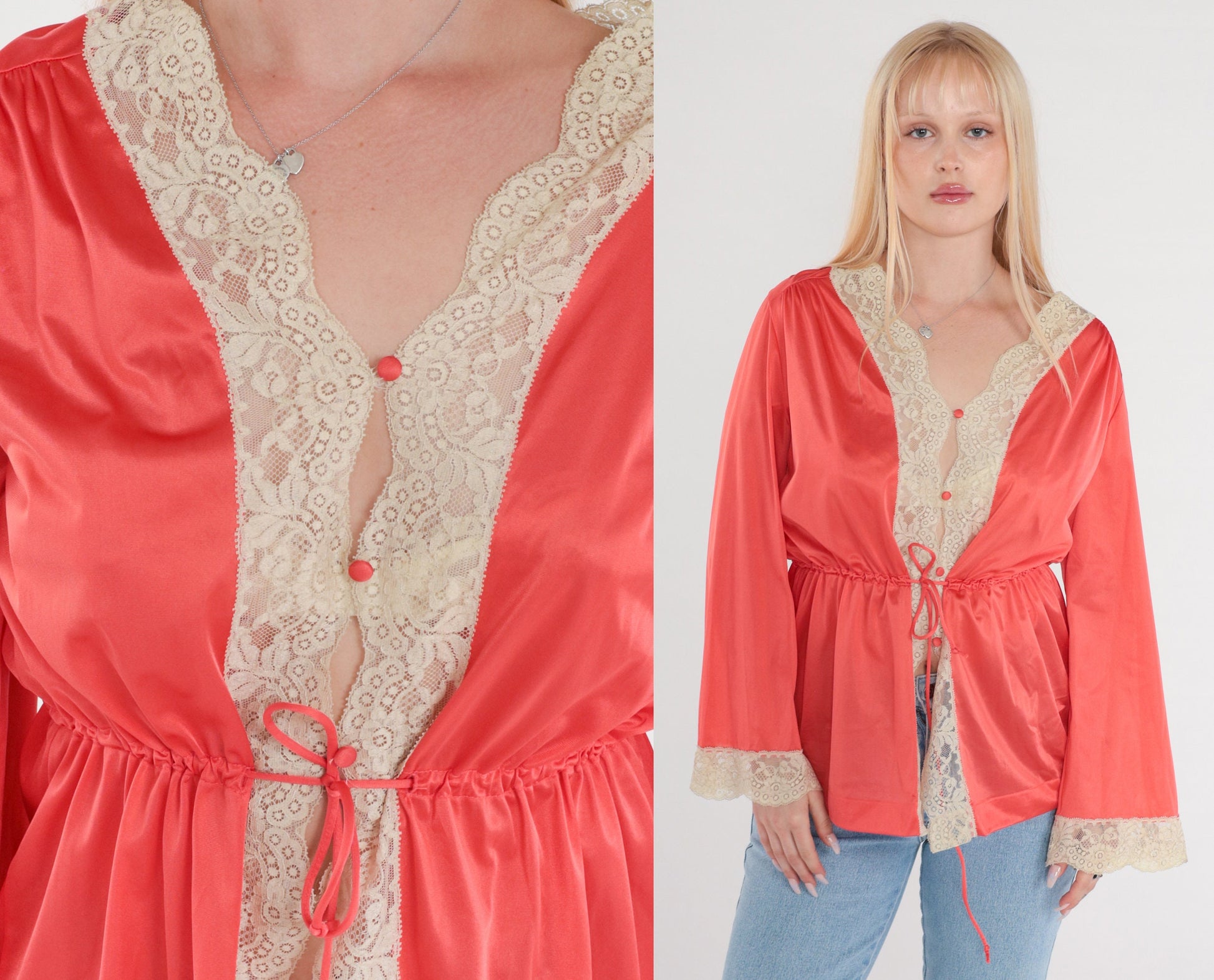 70s Coral Nylon Lace Pajama Top Button-Up Bed Jacket Long Sleeve Medium