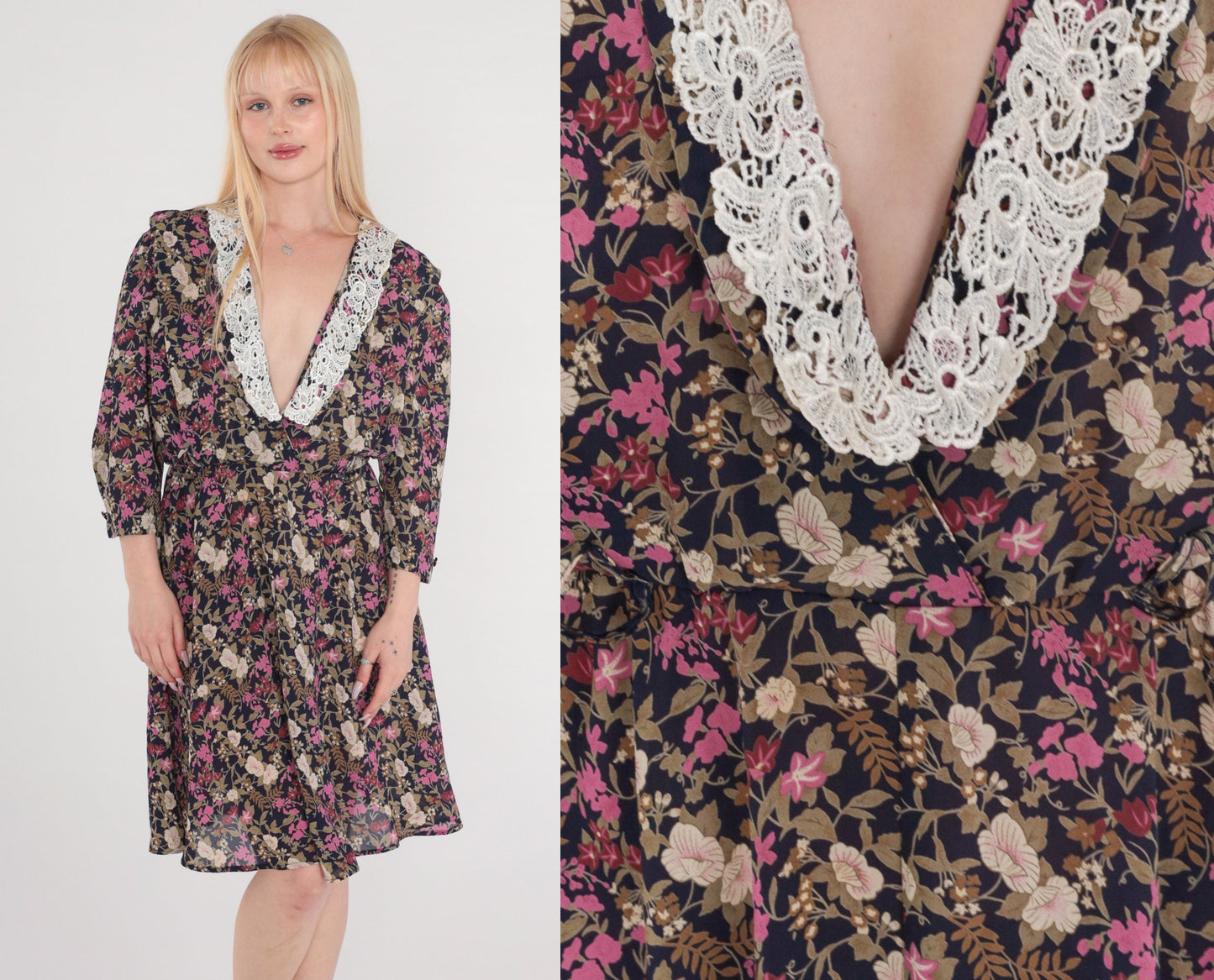 80s Floral Day Dress Navy Purple Print Lace Trim V-Neck Knee Length Medium