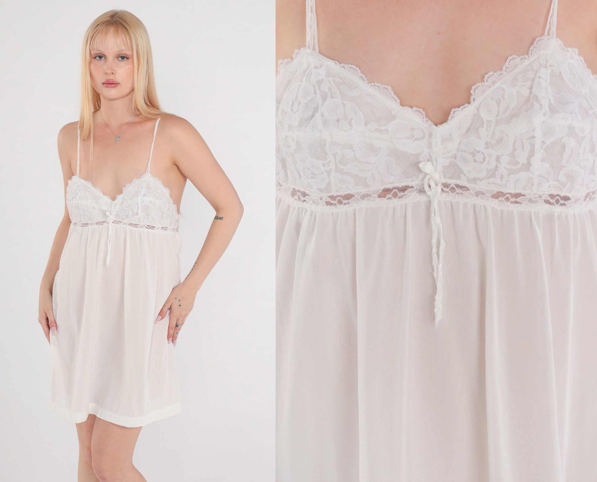 70s White Babydoll Nightgown Lace Trim Empire Waist Spaghetti Strap Mini Slip Dress Large
