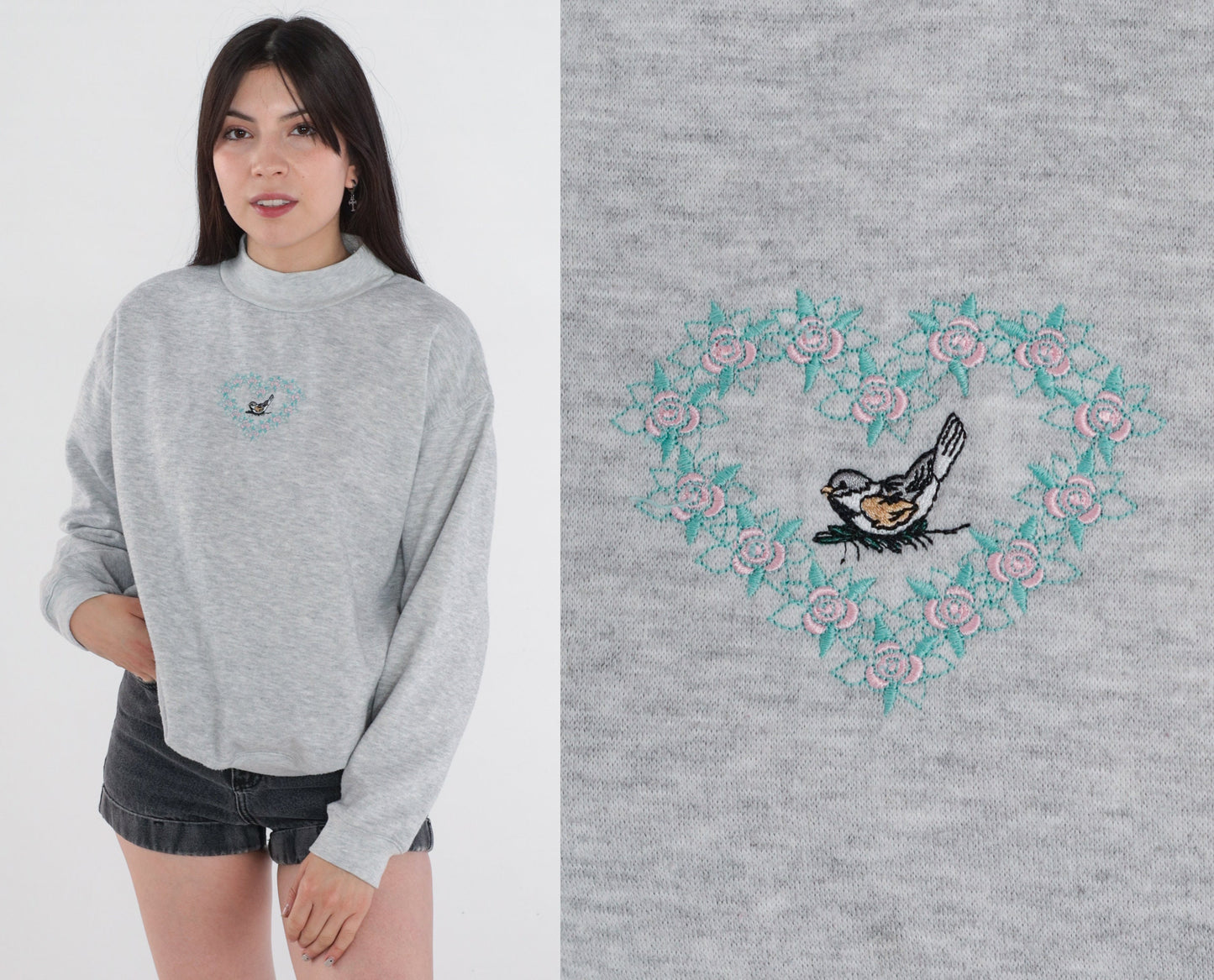 90s Bird Embroidered Sweatshirt Grey Floral Heart Mock Neck Medium