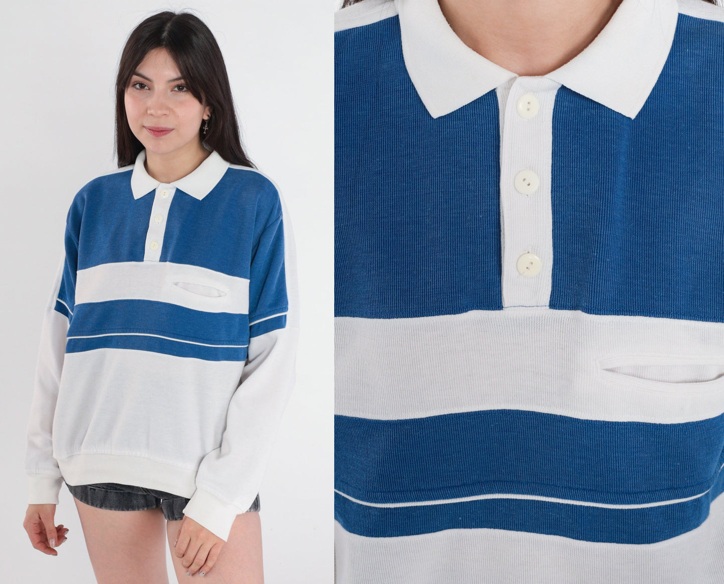 90s Polo Colour Block Striped Sweatshirt White Blue Button Pullover Medium