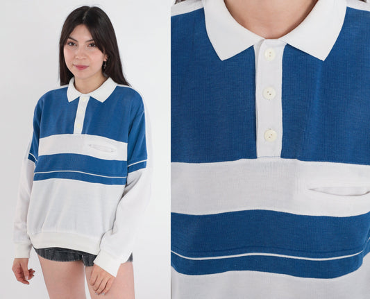 90s Polo Colour Block Striped Sweatshirt White Blue Button Pullover Medium