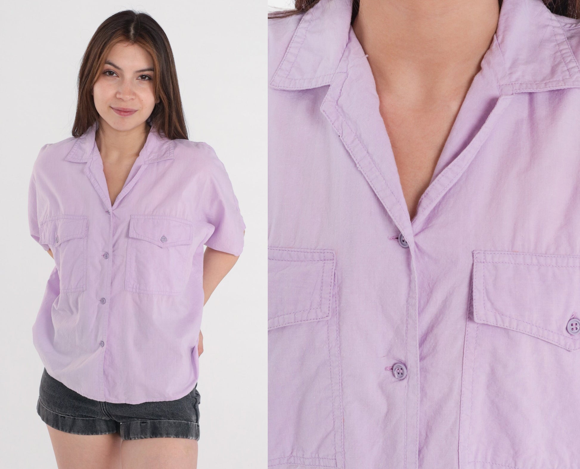 90s Lilac Cotton Button-Up Blouse Short Sleeve Collared Chest Pocket Medium