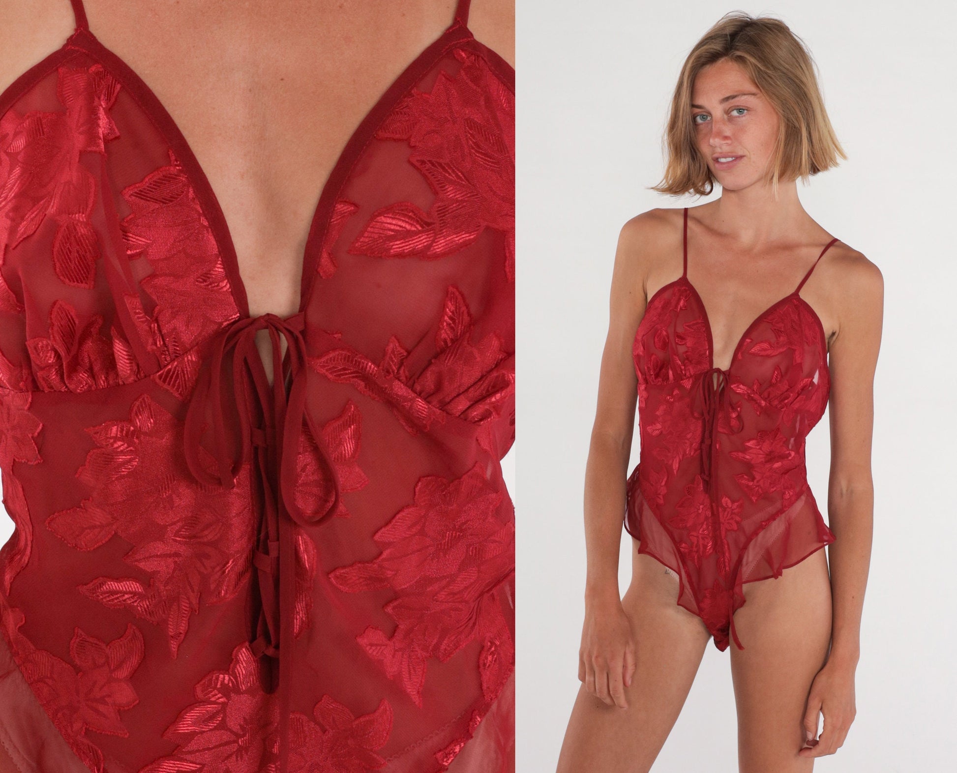 90s Red Floral Sheer Teddy Romper Empire Waist Tie Front Medium M