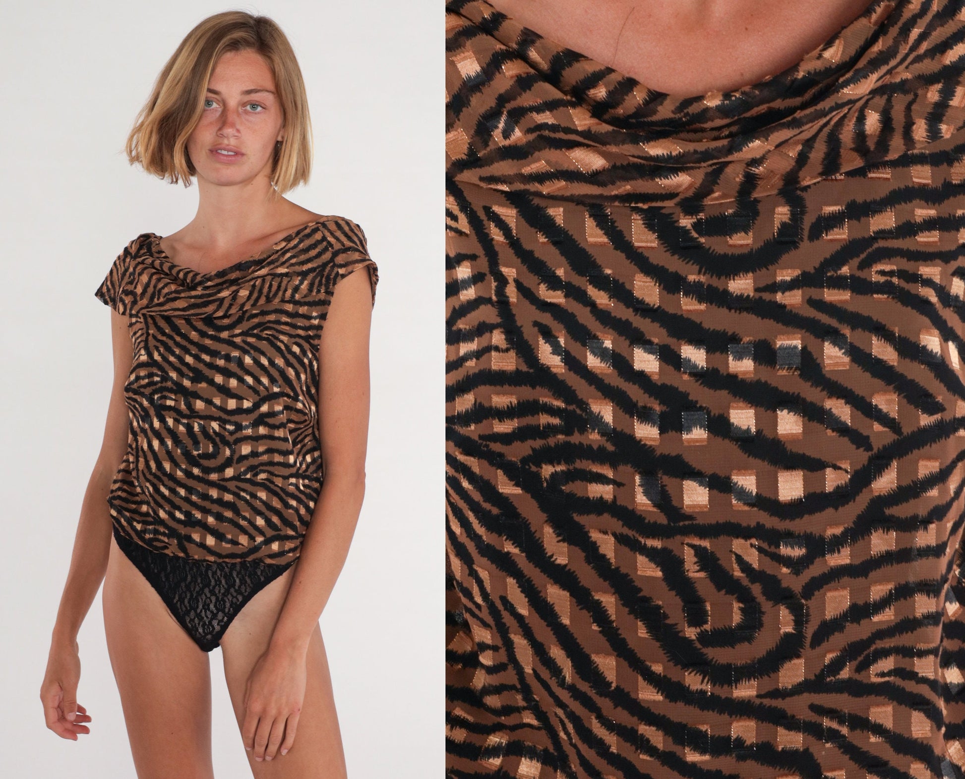 90s Checkered Tiger Print Bodysuit Cowl Neck Short Sleeve Medium M