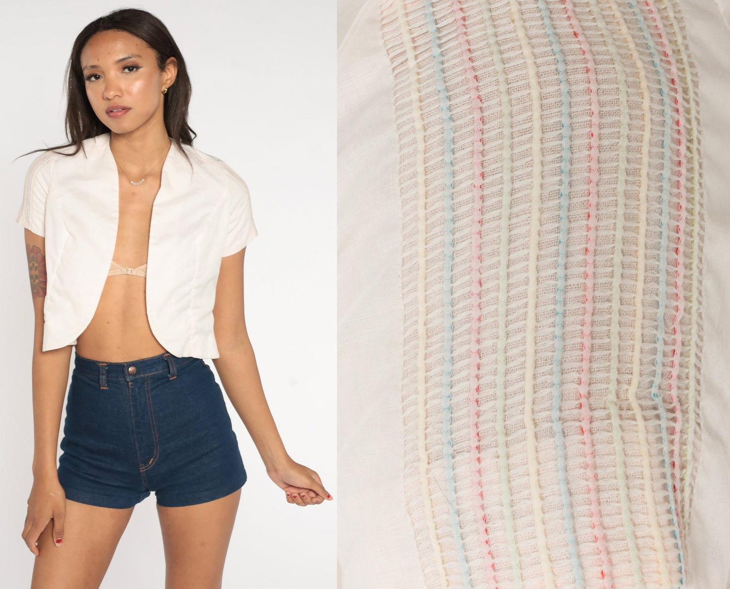 70s White Crop Top Rainbow Striped Short Sleeve Blouse Small S