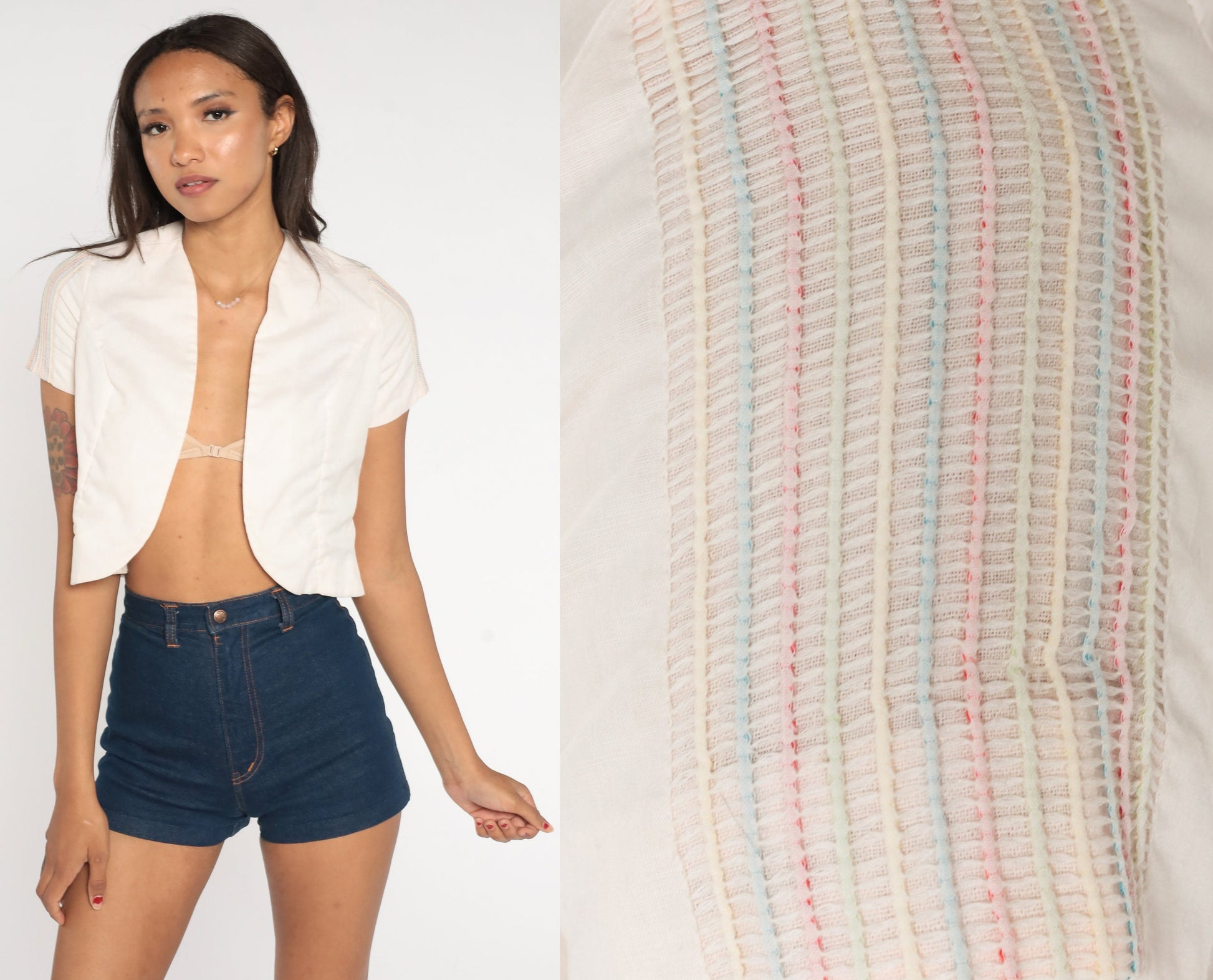 70s White Crop Top Rainbow Striped Short Sleeve Blouse Small S